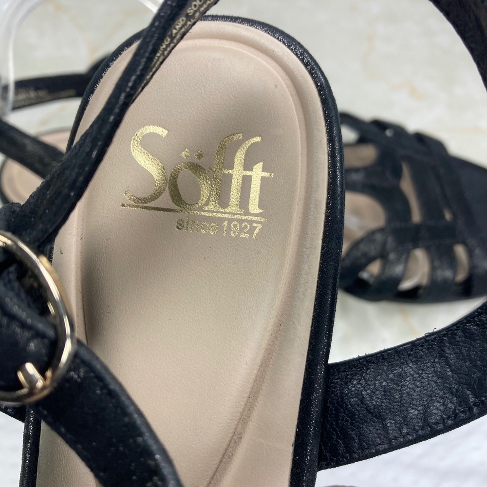 Sofft Shimmer Leather Strappy Wedge Sandals Women 11 Black Summer Comfort Boho - Picture 10 of 12